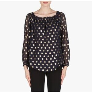Joseph Ribkoff Midnight Blue Gold Dot Ruffle Collar Long Sleeve Top Style 181608